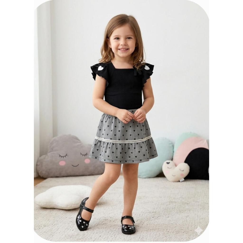Conjunto Infantil Feminino Preto Xadrez Corações Manga Babado Angerô
