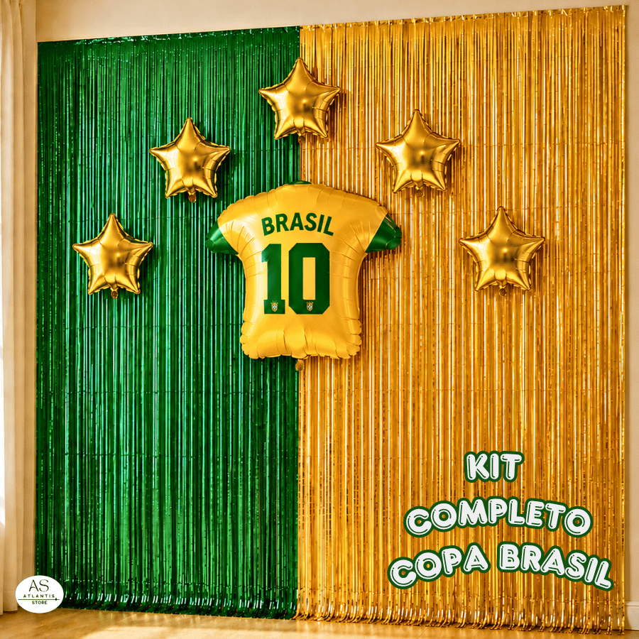 Kit Decoração Brasil Copa 2026 Balões Cortina Metalizada Camiseta Futebol Estrelas