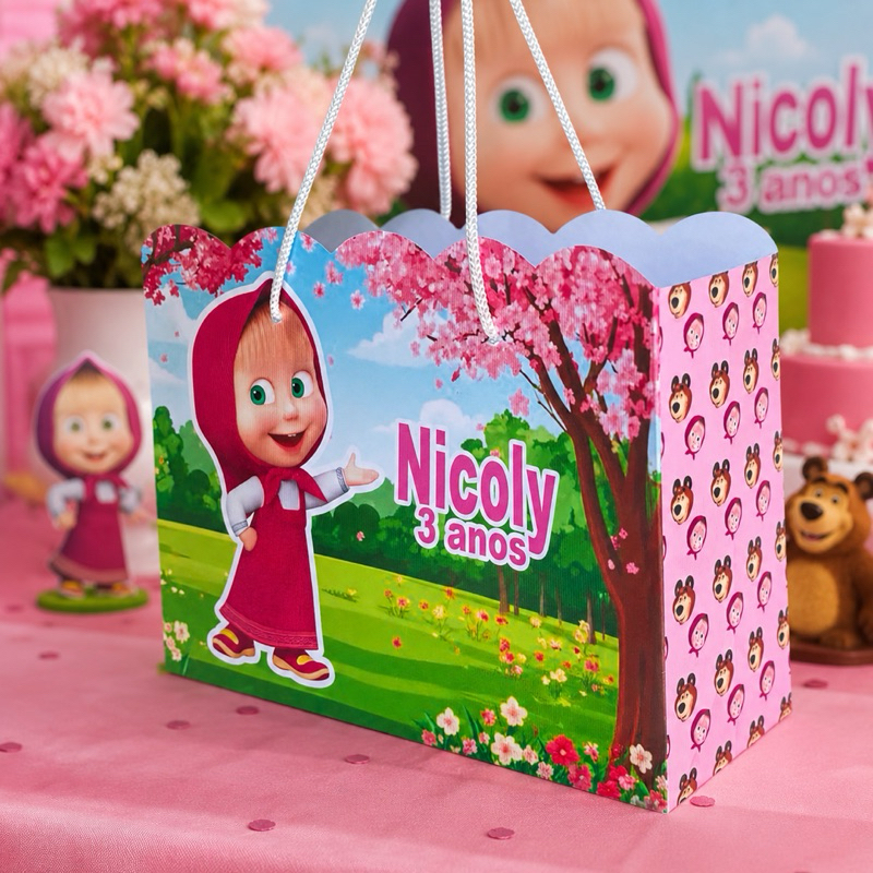 Sacolinha Personalizada Marsha e o Urso | Lembrancinha Festa Infantil | Pegue e Monte