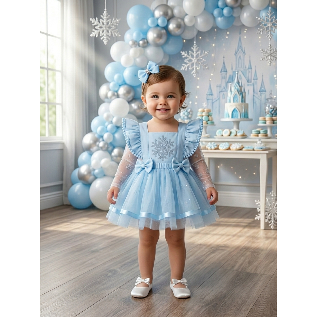 Romper Salopete Vestido Body Bebê Azul Bordado com ou sem saia de Tule / Roupa Elsa Mesversário Festa Infantil