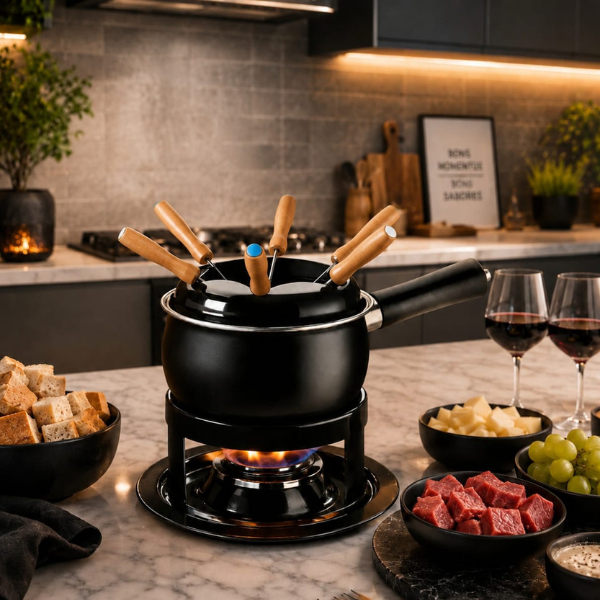 Conjunto para Fondue Premium com Panela Cerâmica/Metal, Réchaud e Queimador, 6 Garfos Inox Coloridos, Kit para Fondue