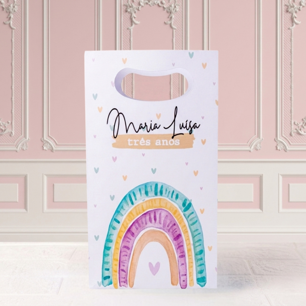 Sacola Personalizada Boca de Palhaço M ARCO ÍRIS AQUARELA Lembrancinha para festa Infantil DESMONTADA