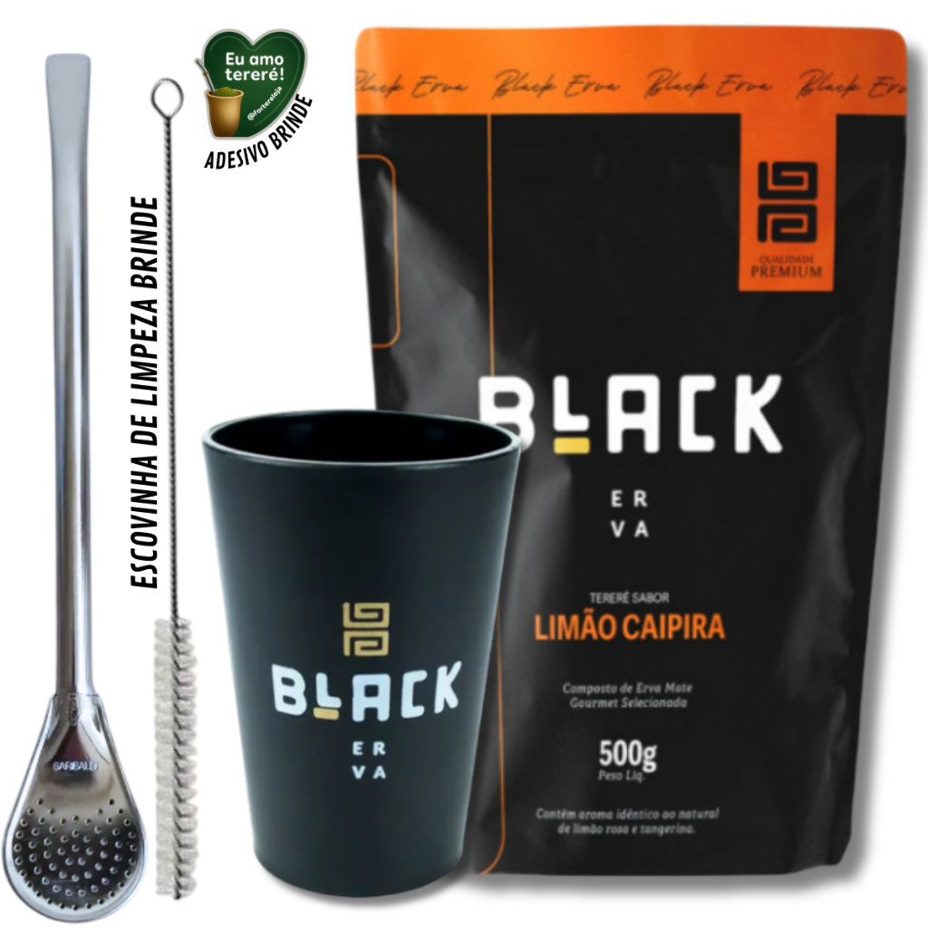 Kit Tereré  Copo Acrílico Black Erva 350ml + Bomba Clássica + Erva Mate Black 500g + BRINDES