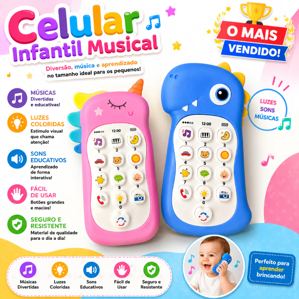 Celular Infantil Telefone Interativo Musical Unicórnio Bebê ou celular Dinossauro Mordedor — imagem 1