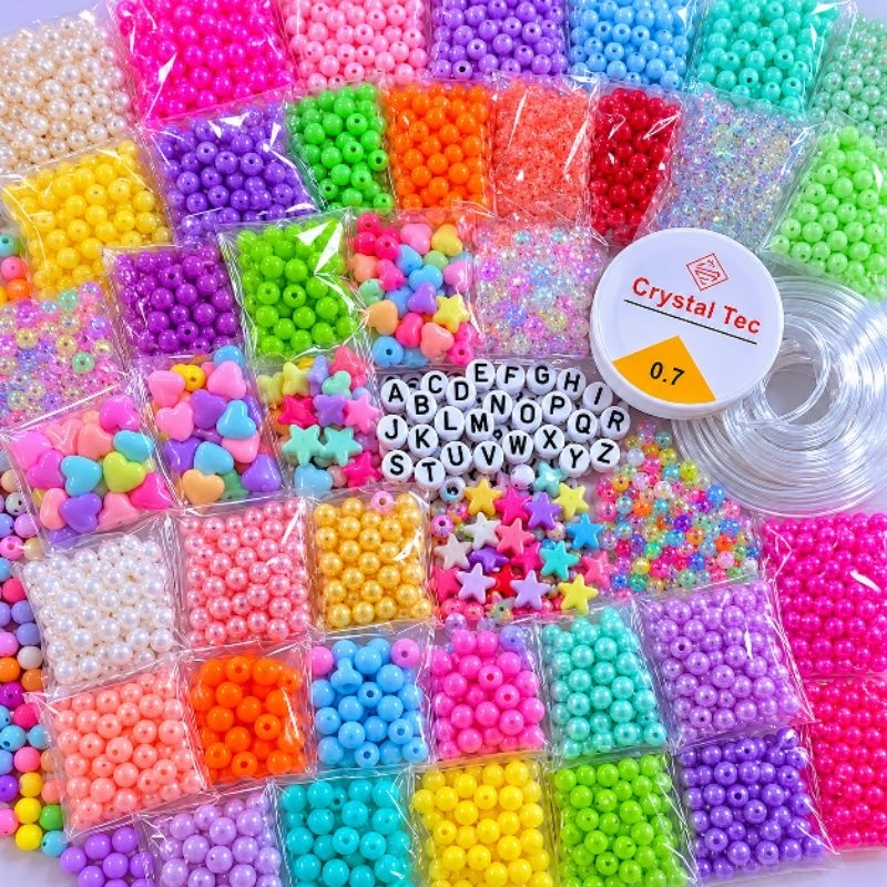 Kit 1000 peças Blend de Miçangas 4 a 8mm entremeios, letras, bolinhas +  fio de silicone 10 metros