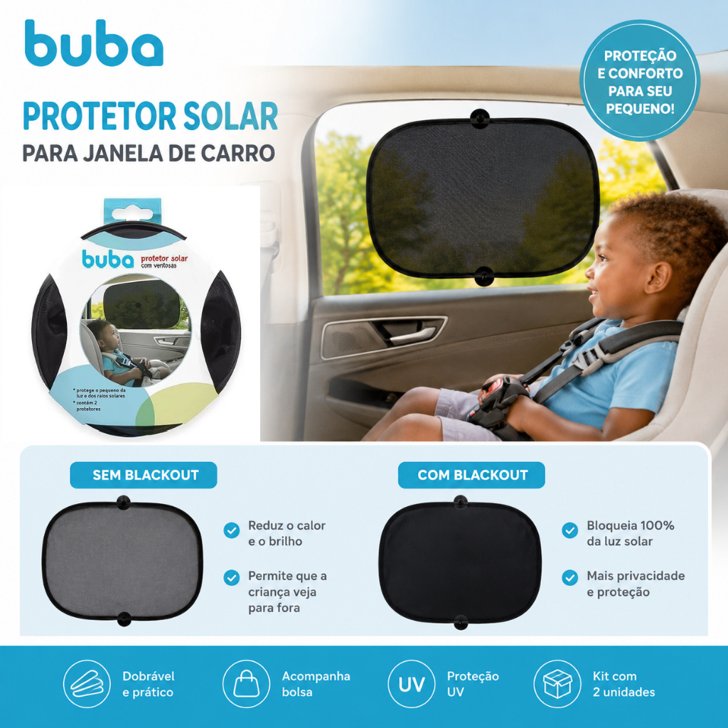 Protetor Solar para Janela Carro Buba Infantil Kit 02 Unidades com Ventosa