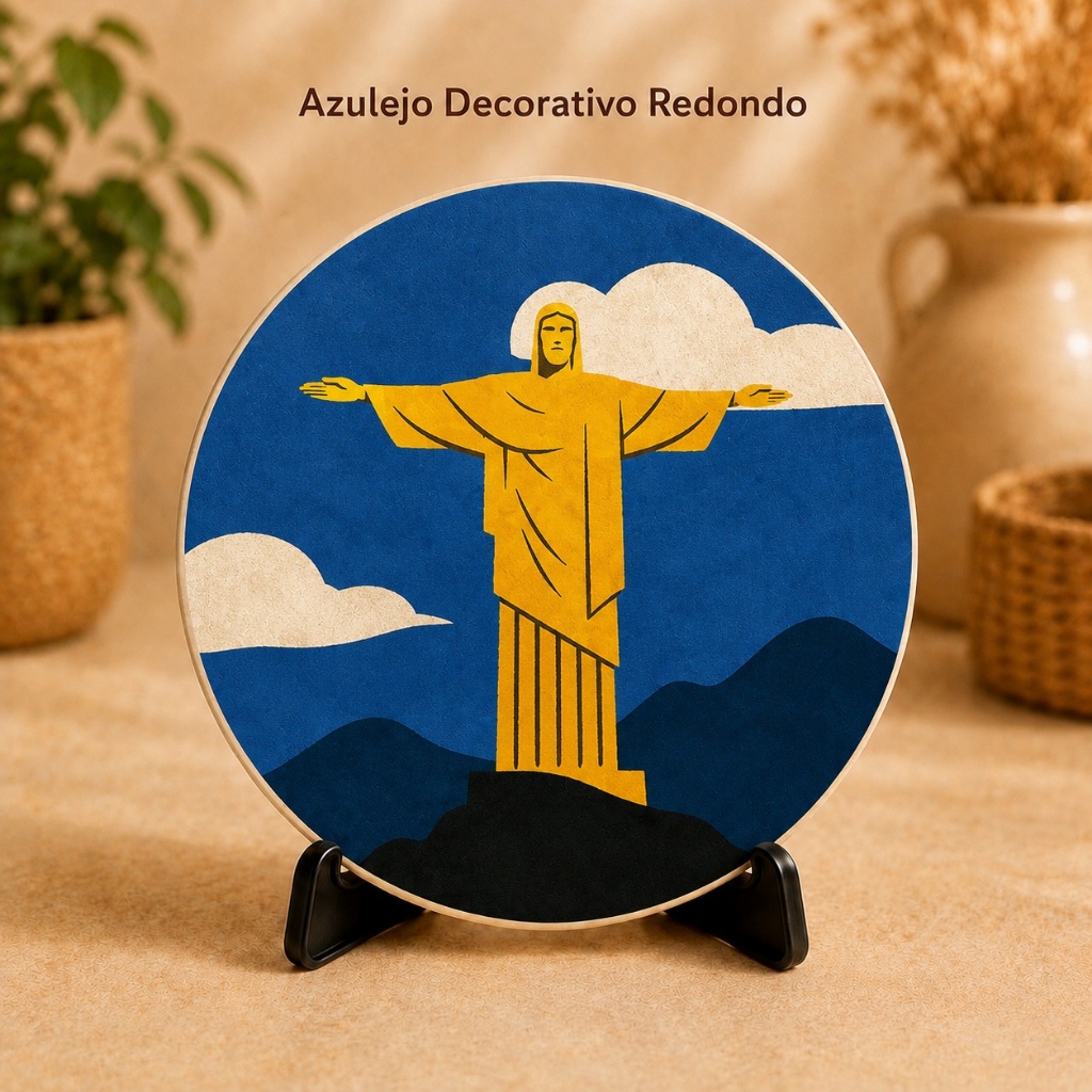 Azulejo Decorativo Redondo Cristo Redentor Rio de Janeiro com Suporte para Mesa