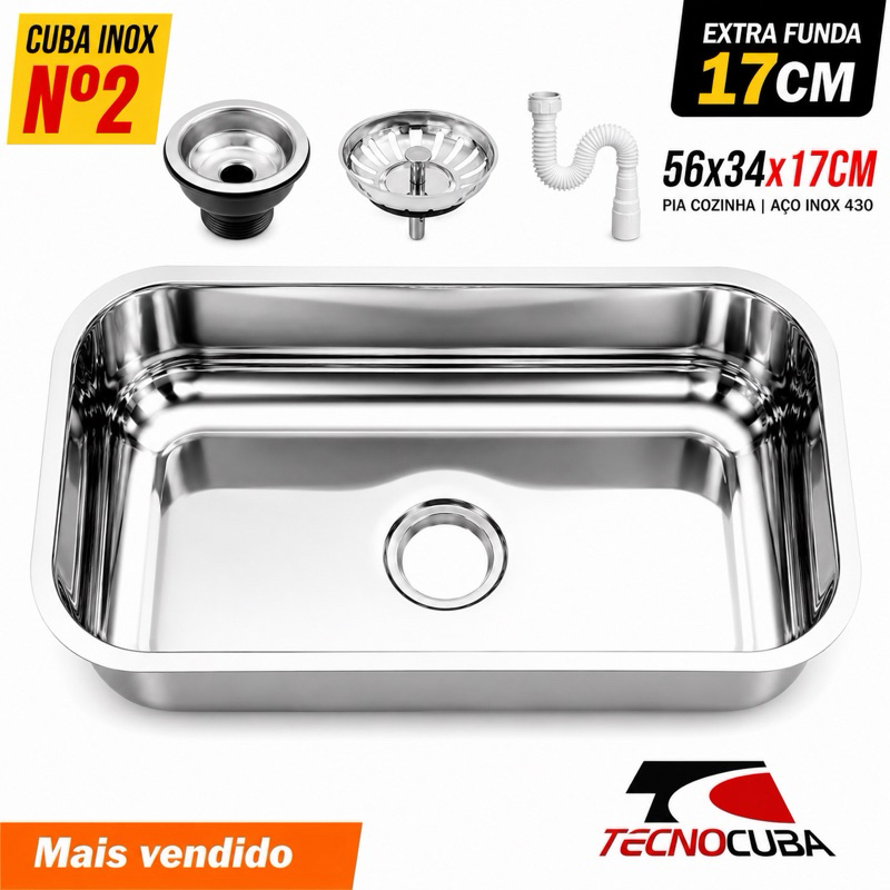 Cuba Aço Inox Cozinha N°2 -17 Extra Funda 56x34x17 Alto Brilho Kit Completo
