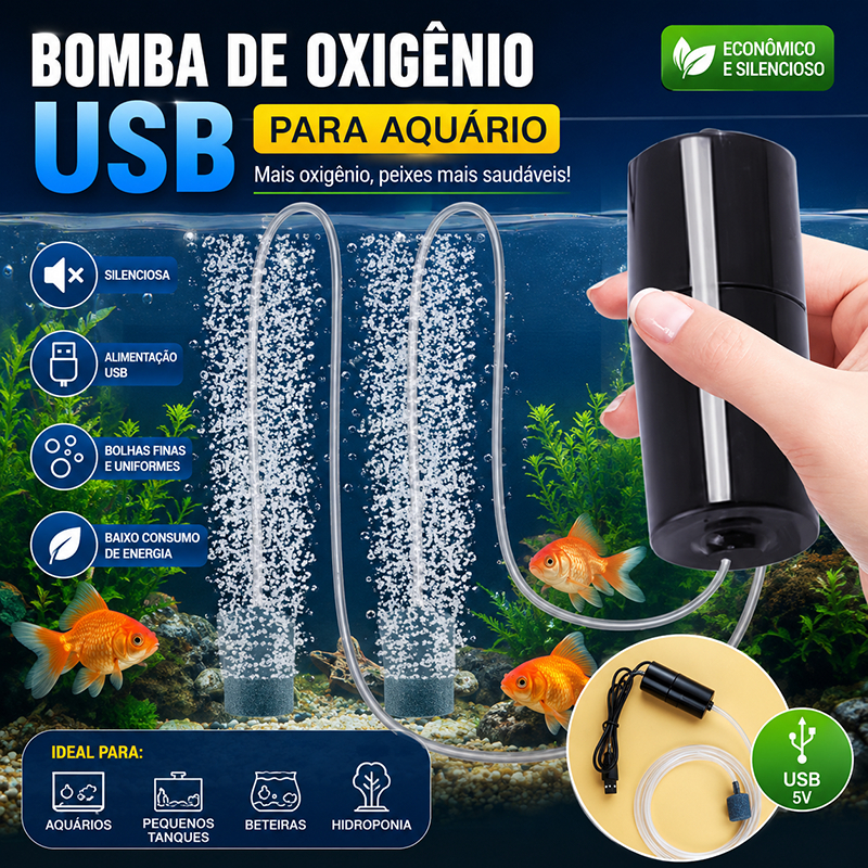 Bomba de Oxigênio para Aquário USB Portátil Silenciosa com Tubo Único - para Pesca, Transporte e Aquários