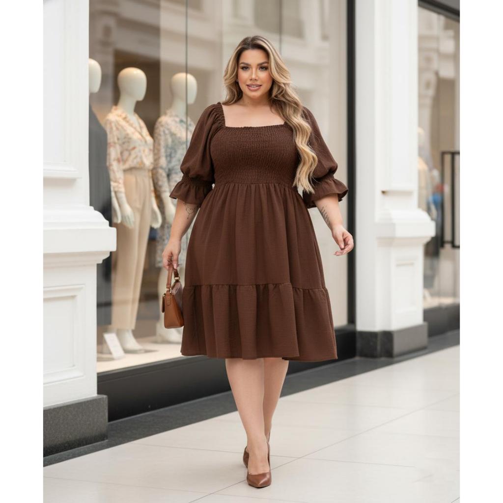 Vestido curto plus size estilo chic e elegante cores lisas para festas formatura modelo três marias com mangas