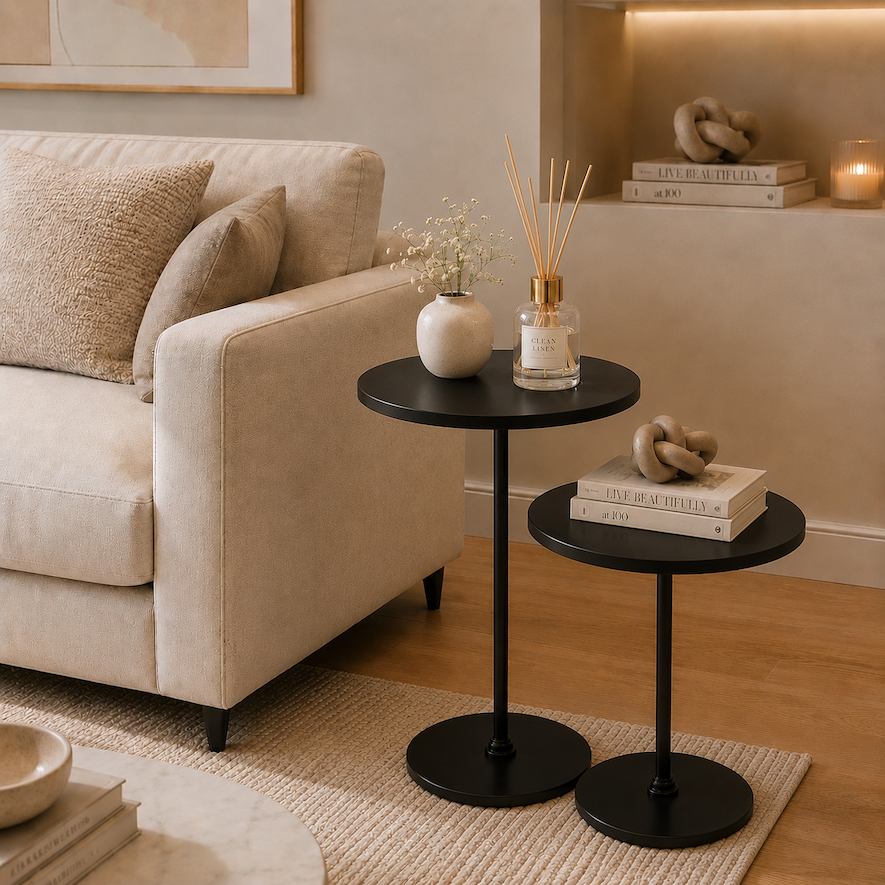 Kit mesa lateral minimalista redonda conjunto mesinha apoio decorativa base aço sala canto sofá