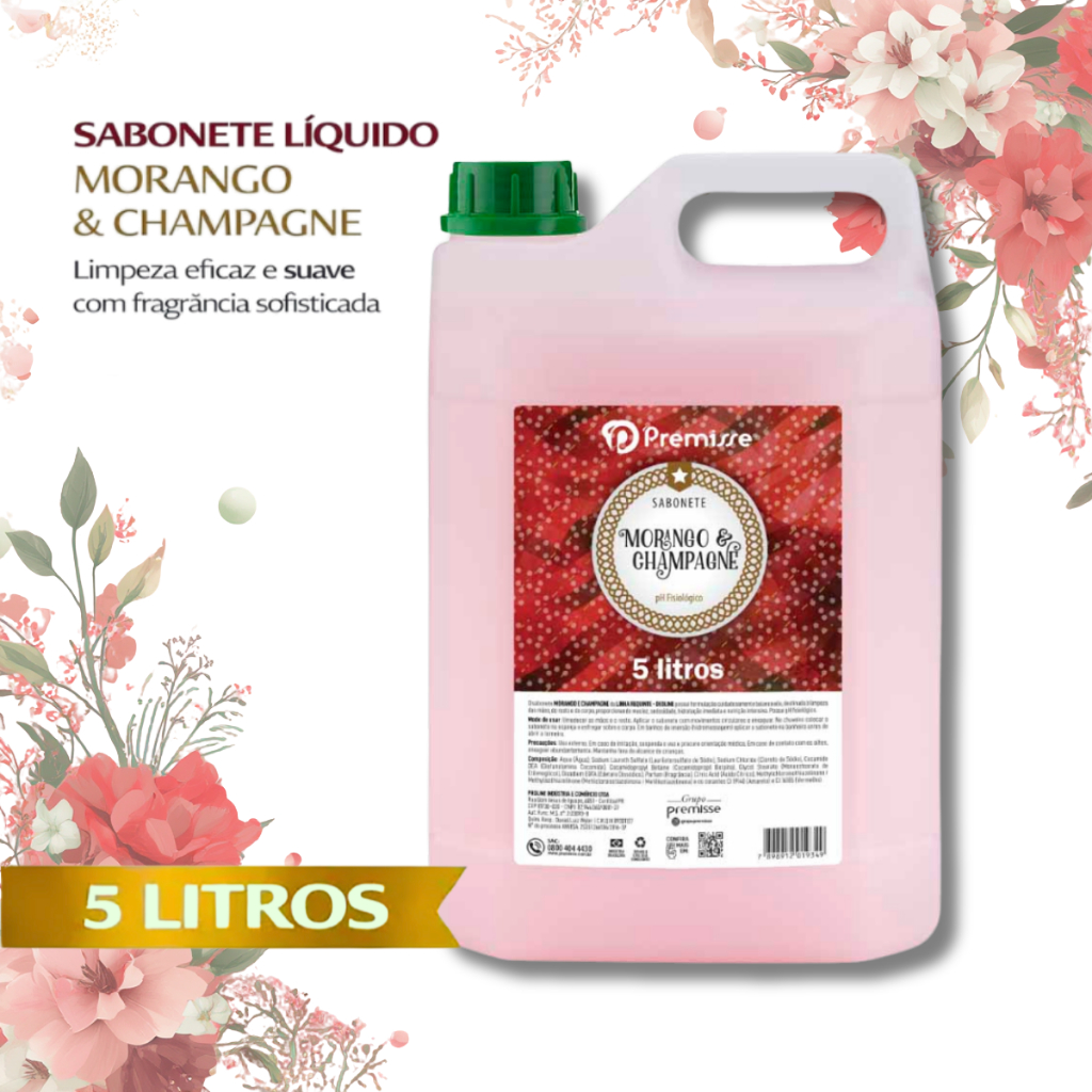 Sabonete Liquido 5 Litros Morango com Champagne Premisse Glicerinado Hidratante Corpo Mãos Rosto