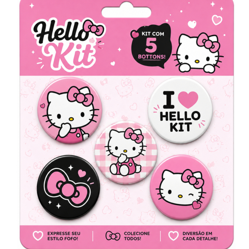 Kit 5 Bottons Hello Kitty 44mm | Pins Kawaii Fofos para Mochila, Bolsa e Roupa