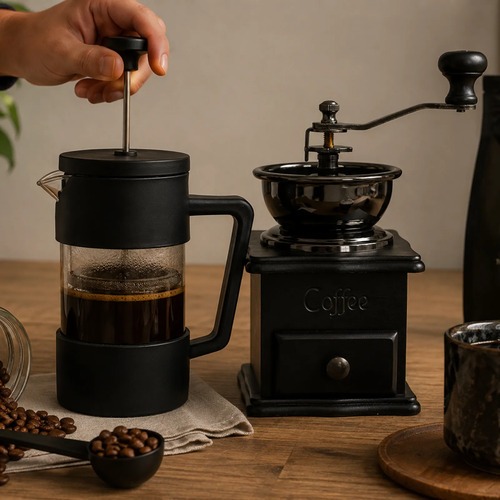 Kit Prensa Francesa Expresso 350 Ml E Moedor De Café Retrô Preto