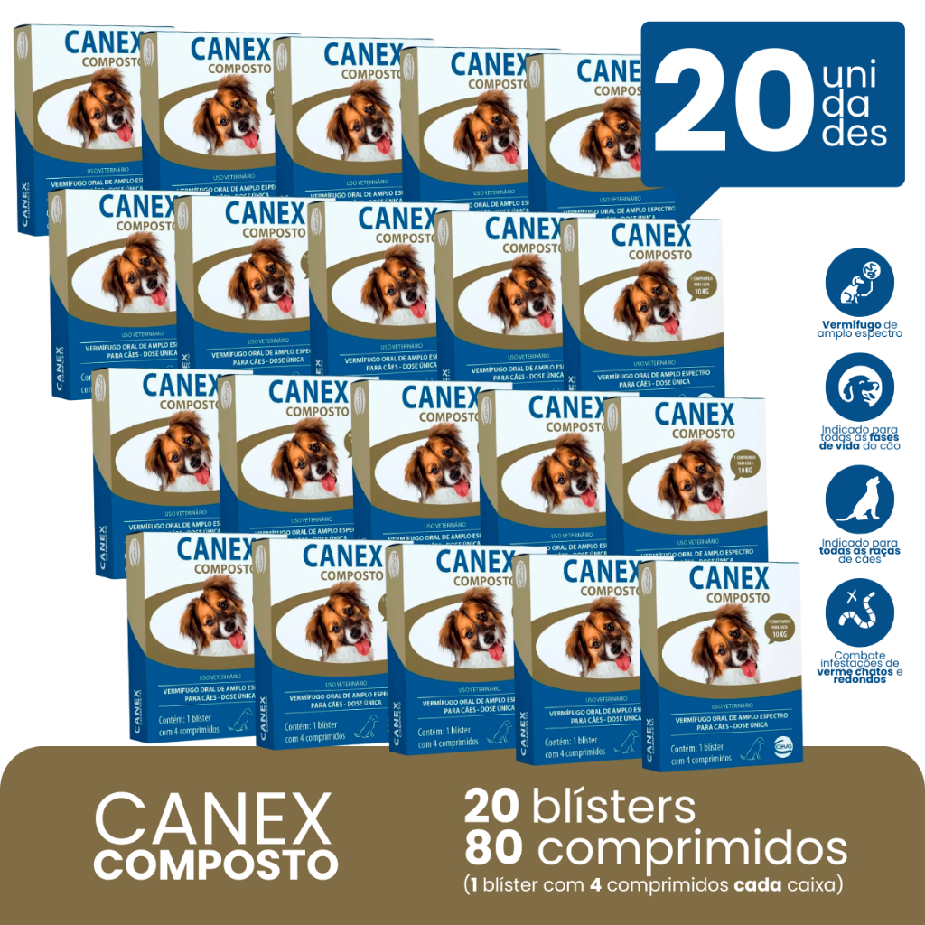 Canex Composto (10Kg) 20 Blísteres C/ 4 Comprimidos (Caixa Fechada) - Vermífugo P/ Cães