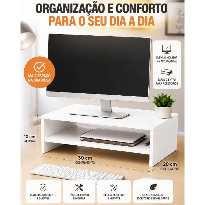 💻 Suporte Elevador BRANCO para Monitor em MDF 30x20cm – Organizador de Mesa na cor branca