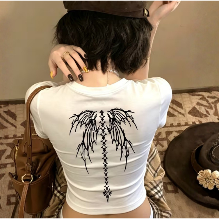 Blusa Cropped Baby Tee Estampa Asas Dark Grunge Anjo Gótico Algodão
