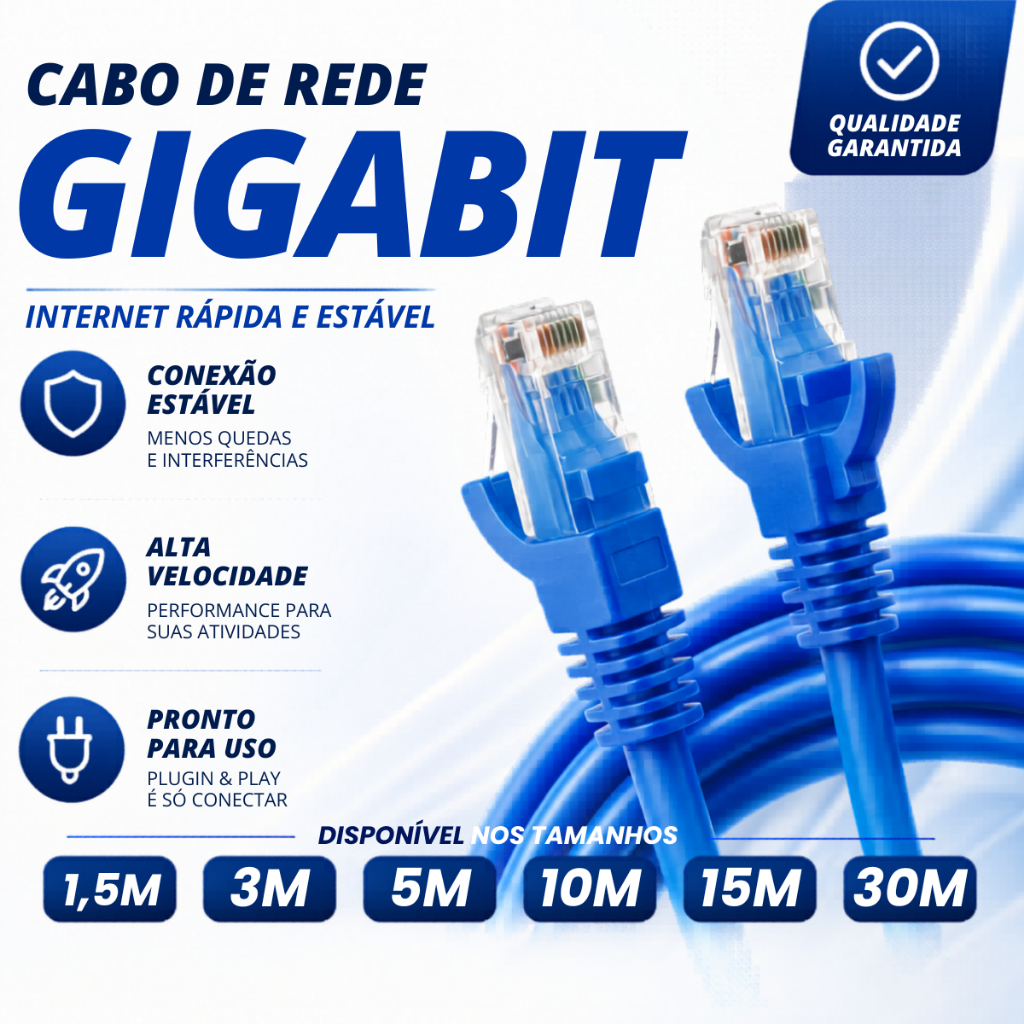 Cabo De Rede Azul RJ45 CAT5e Pc Notebook Router Smart TV Videogame 5/10/15/20 Metros