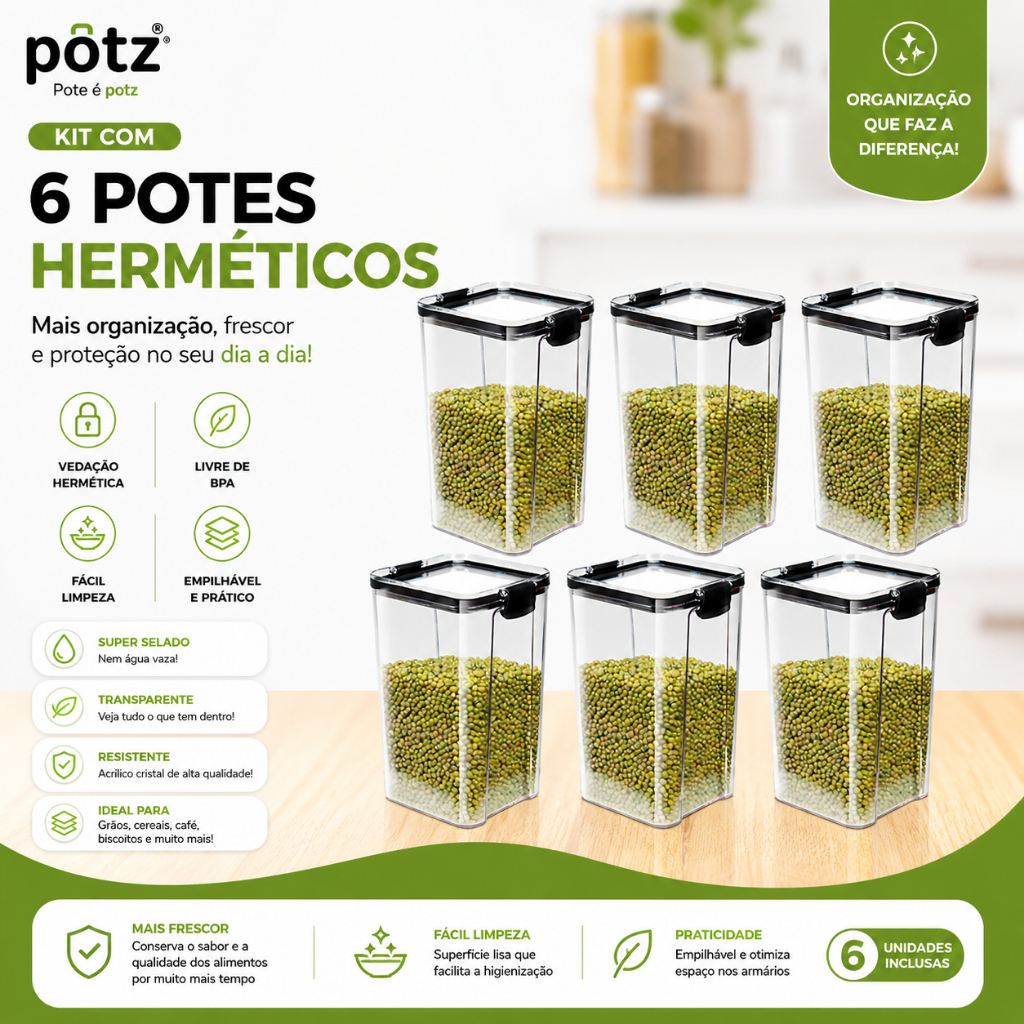 Kit 6 Potes Herméticos Empilháveis com Lacre
