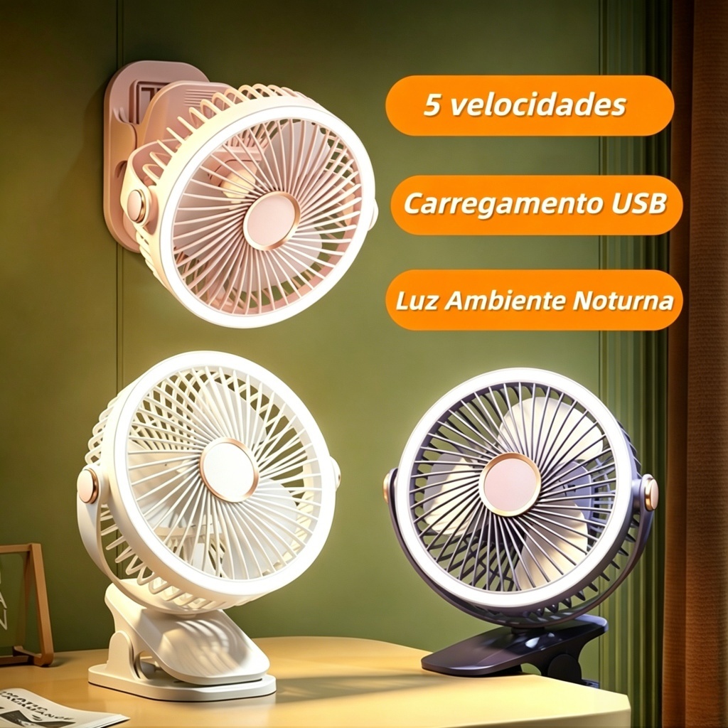 Ventilador Mini Portátil Recarregável com Clip 5 Velocidades Luz LED USB Carro Casa Design Moderno Leve