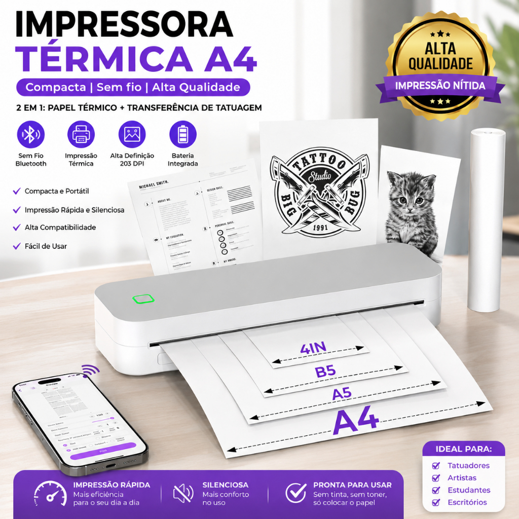 Impressora Térmica A4 Decalque de Tatuagem Bluetooth e USB Portátil Printer