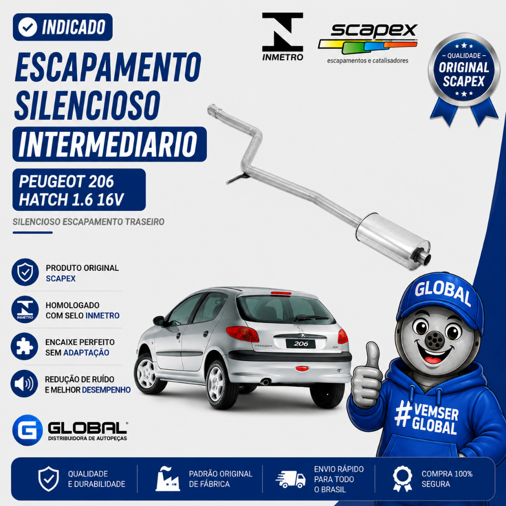 Escapamento Silencioso Intermediario Peugeot 206 Hatch 1.6 16v 2000-2008