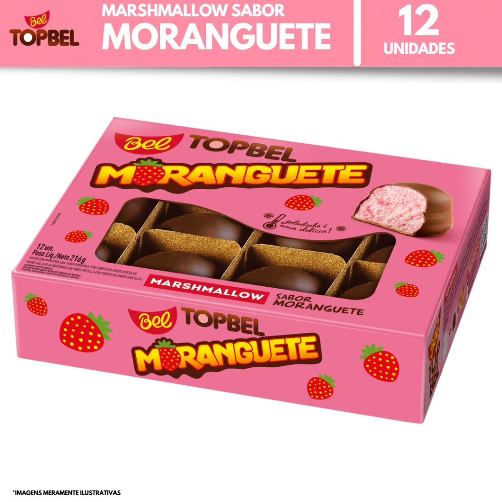 TopBel Moranguete Marshmallow de Morango com Cobertura Sabor Chocolate Display 12un Bel Chocolates