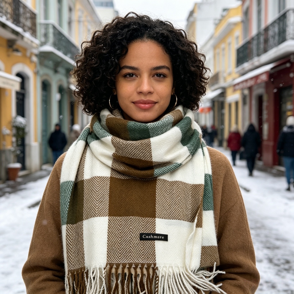 Cachecol Caxemira Imitação Feminino Xadrez Verde Oliva - Echarpe Longa para Frio com Franjas Detalhadas