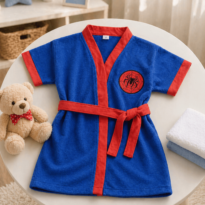 Roupao Infantil Aranha Atoalhado Poliester Com Faixa Ajustavel Sem Capuz Otima Absorção De Agua Praia Clube Piscina