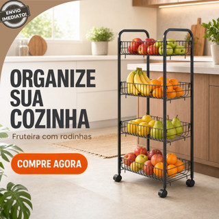 Fruteira de Chão 4 Andares com Rodinhas Organizador de Cozinha Metálico Preto