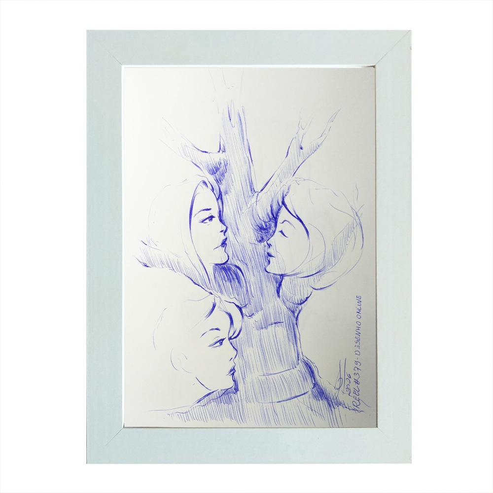 Quadro desenho original caneta azul Silhuetas e Rostos A5 moldurado assinado arte original reel #379