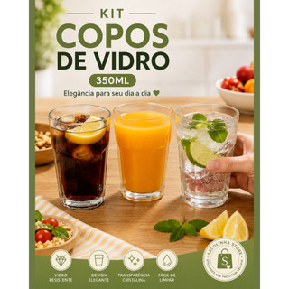Kit 3 ou 6 Copos de Vidro 350ml Transparente Resistente Elegante para Suco Água Refrigerante
