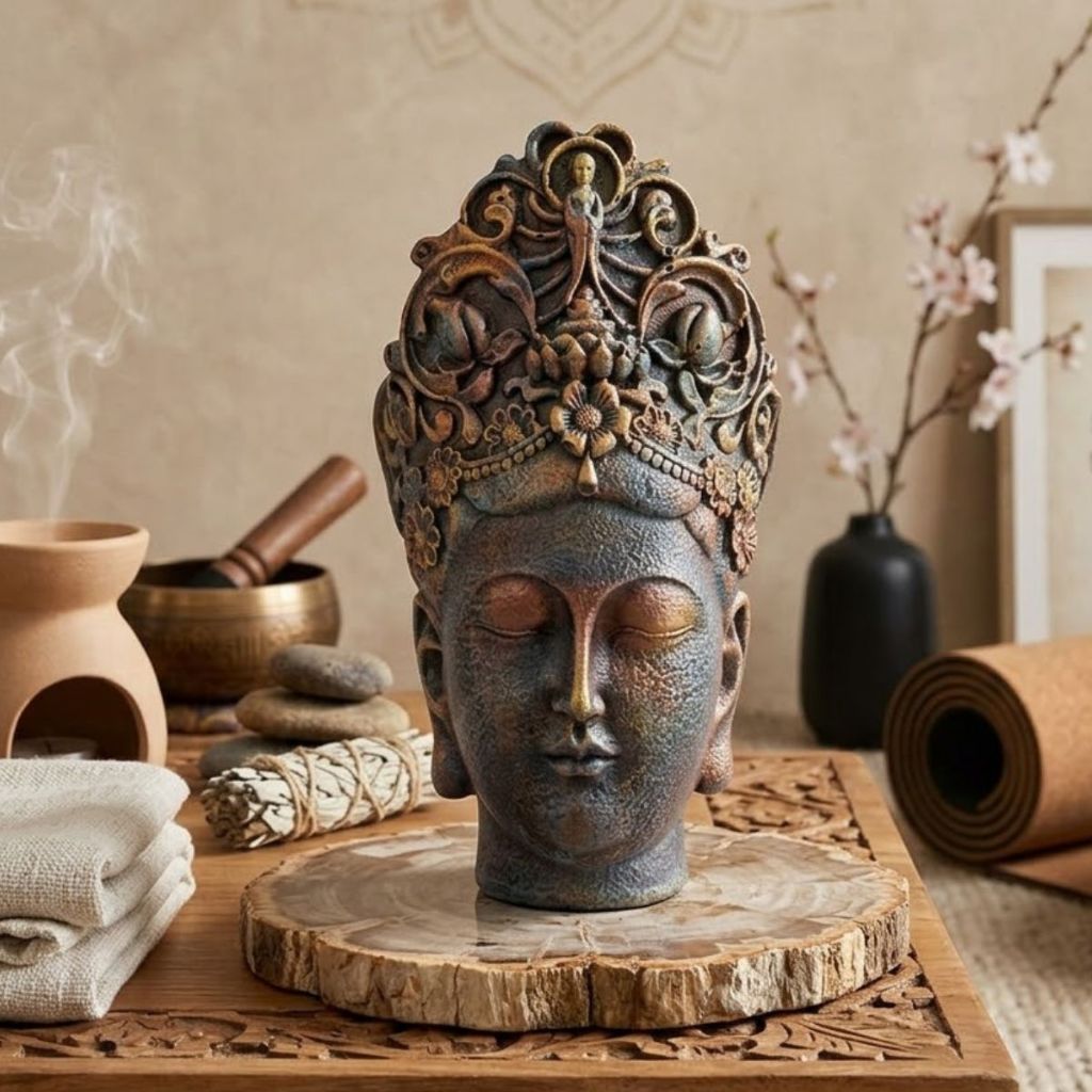 Imagem Cabeça de Buda Decorativa 24cm em Gesso com Pintura Artesanal Estátua Zen Elegante para Sala, Meditação e Decoração