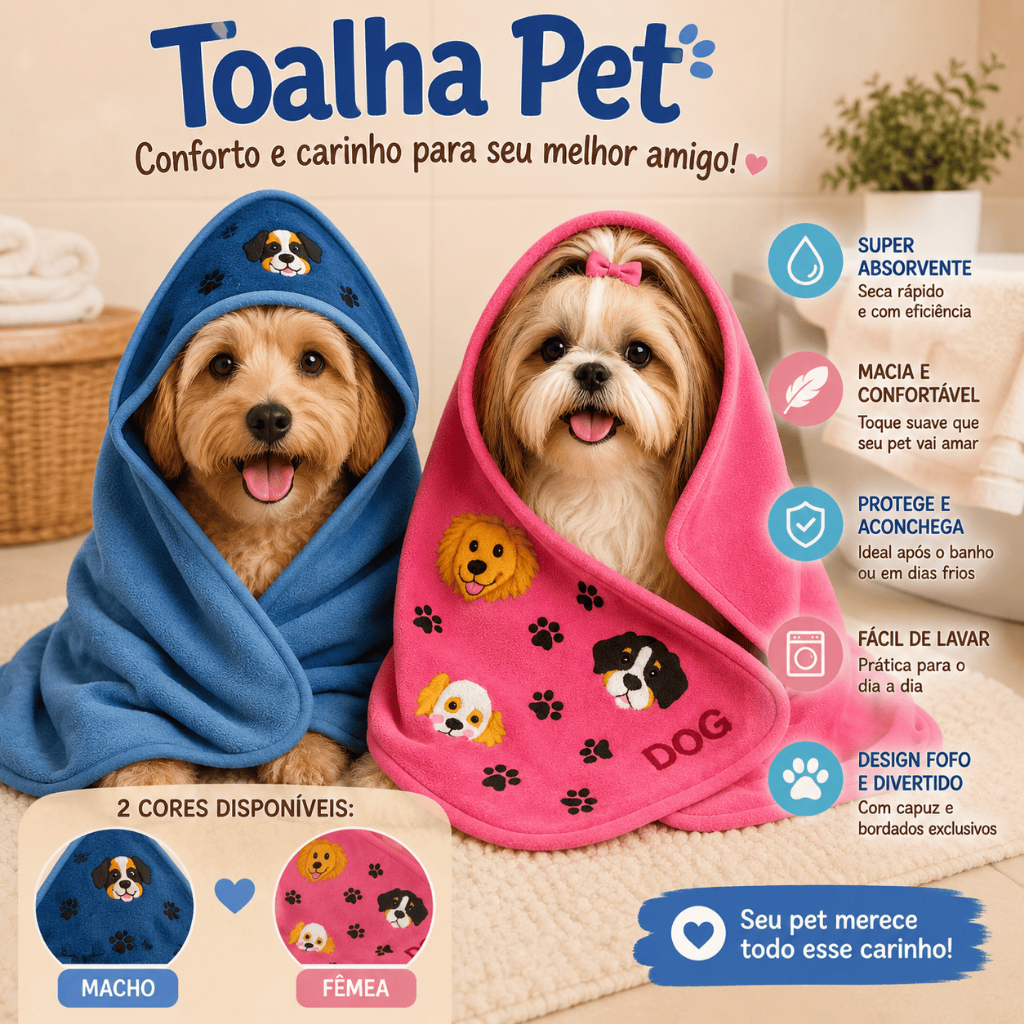 Toalha Pet Super Absorvente para Cachorro e Gato Secagem Rápida Tamanho 70 x 70