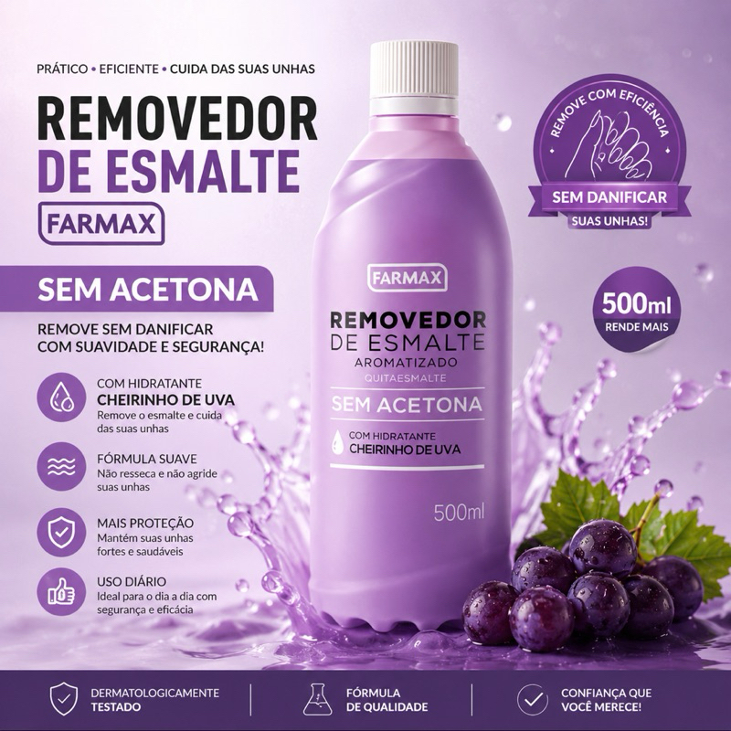 Removedor Esmalte Sem Acetona Farmax Uva 500ML Manicure Hidratação Cutículas Unhas Perfume Delicado