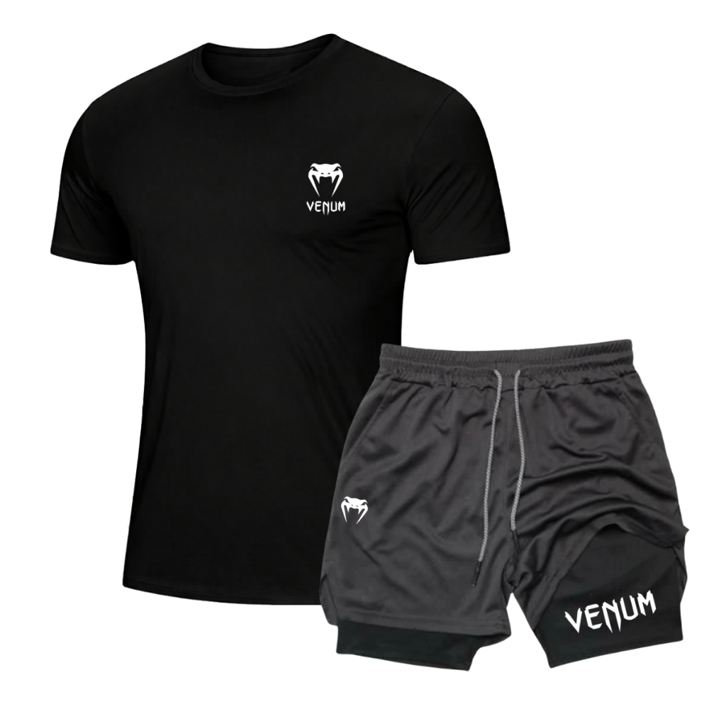 Kit Dry Fit + Bermuda de Compressão 2 em 1 de Esporte Jogos Lutas Estampado Venum Estilo Atletico