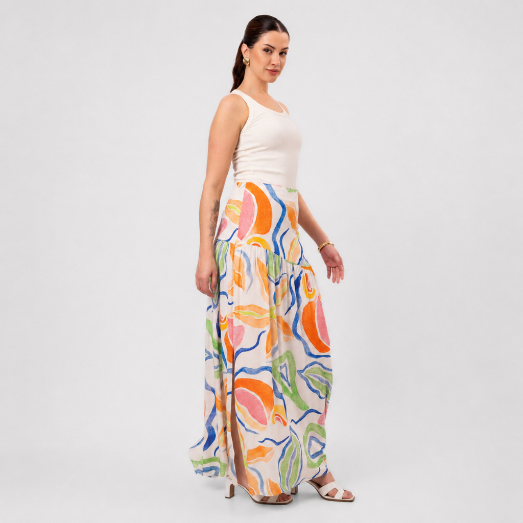 Saia Longa Estampada Viscolinho Com Forrro Aquarela Elegante — imagem 2 de 2