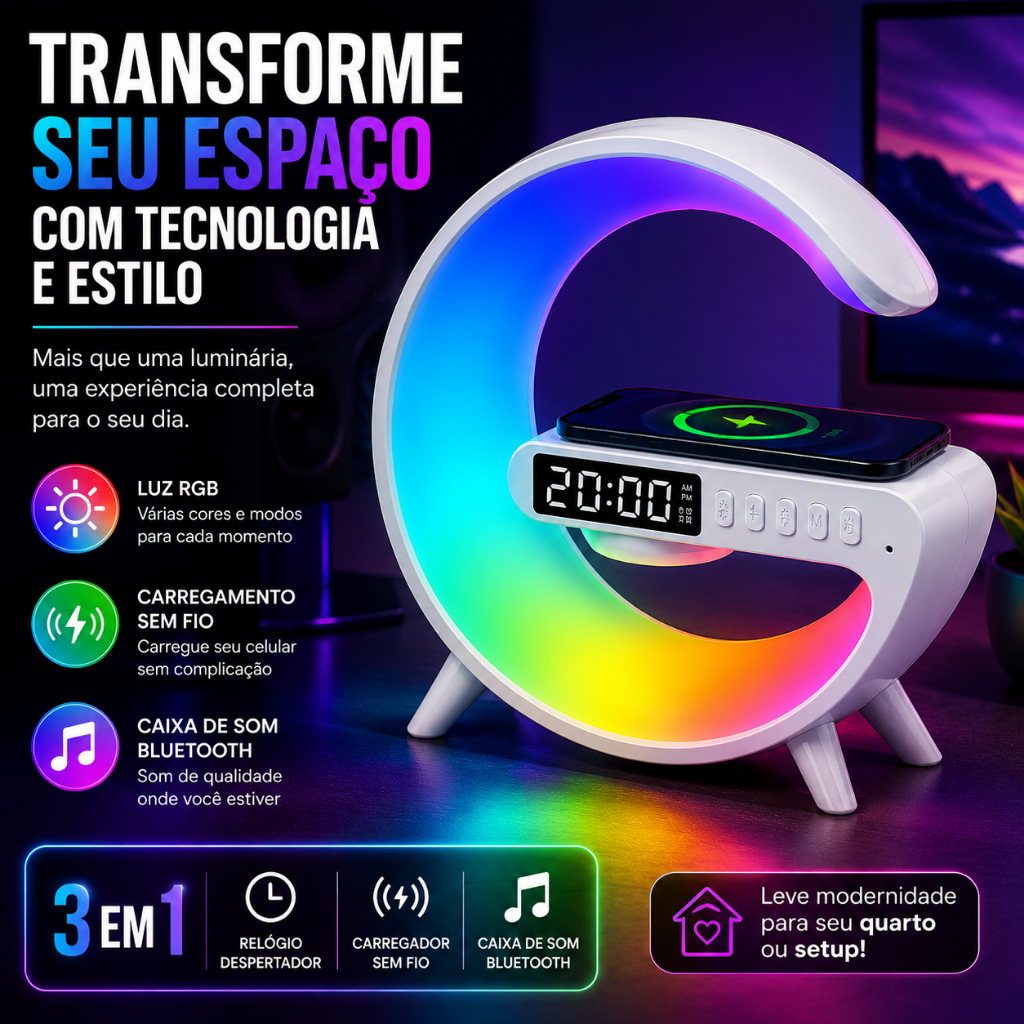 Caxinha de Som G -Speaker Com Relógio Luminária Bluetooth Carregador Sem Fio Led Luz COM RELÓGIO