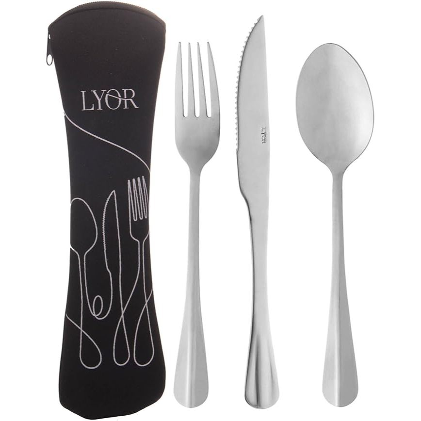 LYOR - Conjunto 4 peças Estojo de Neoprene Preto com 3 Talheres Positano Aço Inox