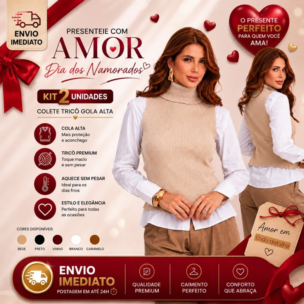 Blusa Feminina Tricot Gola Alta Colete Sem Manga Elegante Outono Inverno Moda Tendência 2026