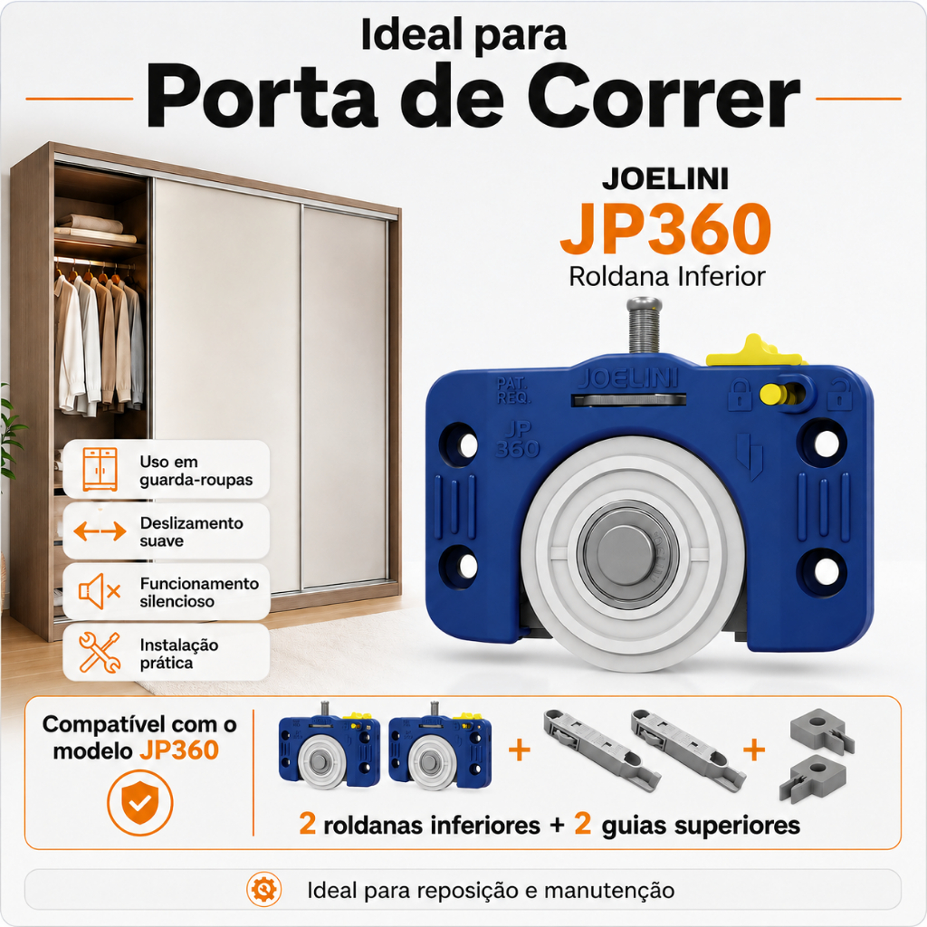 Kit Roldana Porta de Correr Sobrepor Joelini JP360 40mm 60kg Com Guia Superior