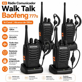 Kit Rádio Comunicador Walk Talk Baofeng 777s com 16 Canal Alcance de 12Km Radinho Seguran…