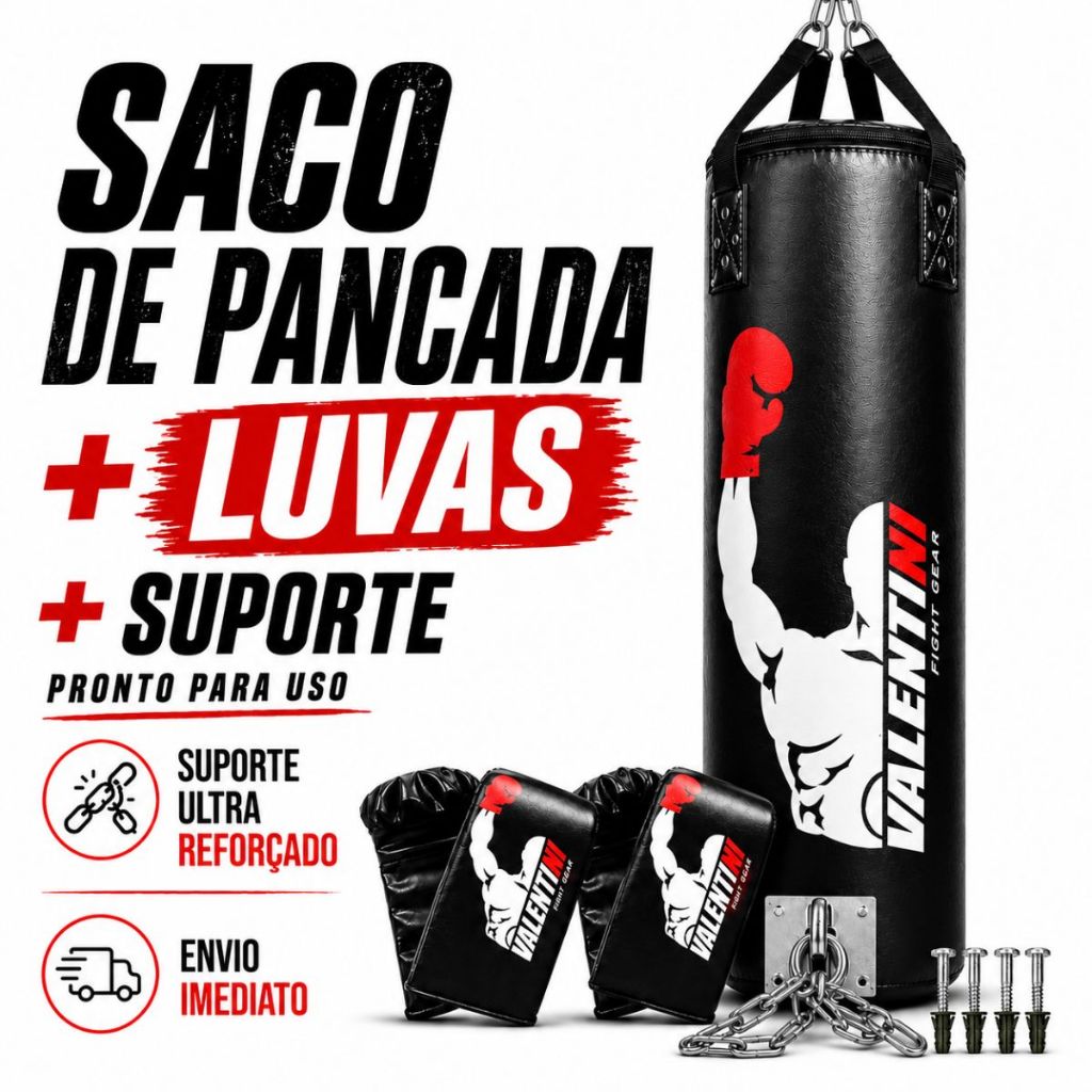 Saco de Pancada VALENTINI 120 cm - Treino Boxe Muay Thai  + 2 PARES Luva Bate Saco + SUPORTE DE TETO