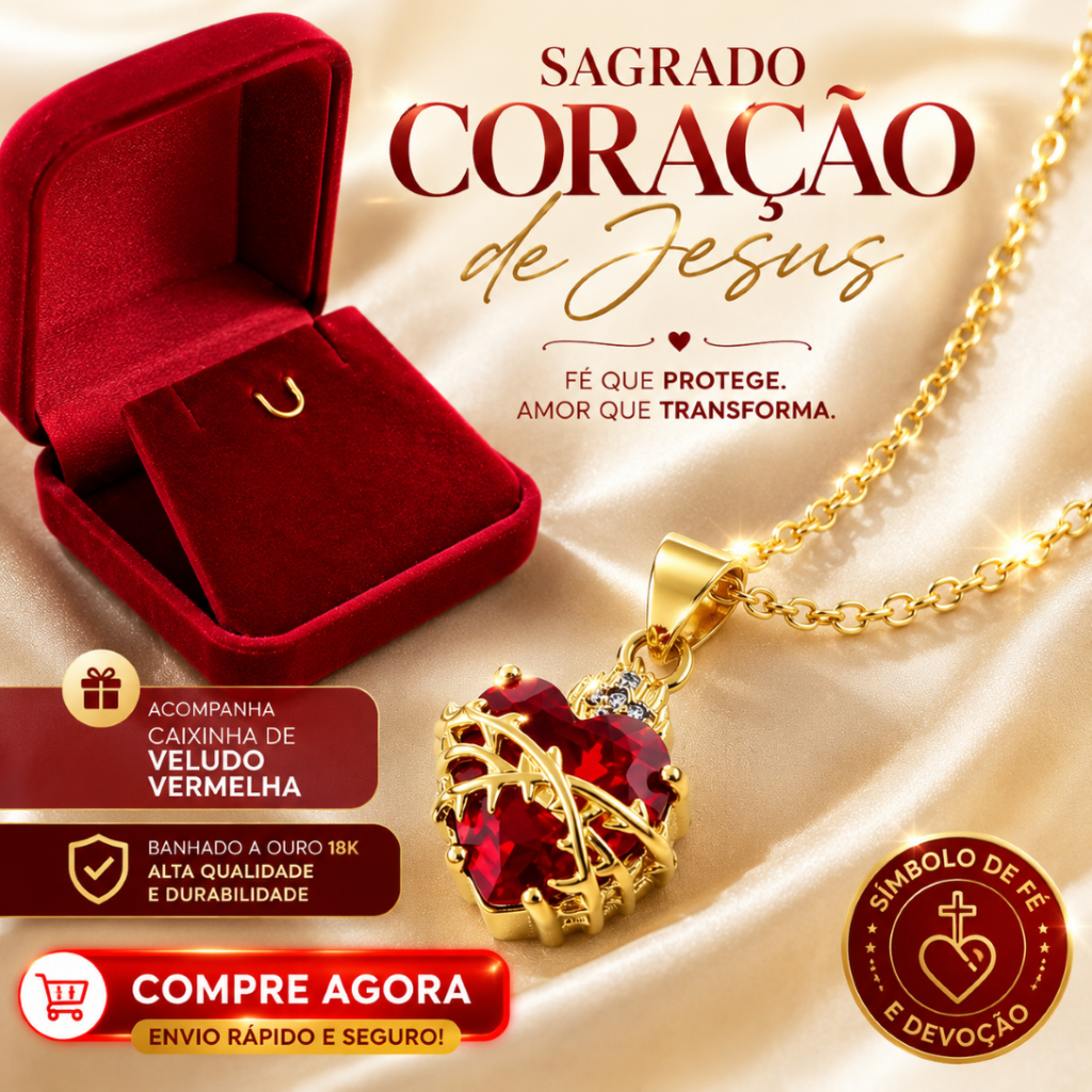 Colar Feminino Sagrado Coração Jesus Semi Joia Banhado a Ouro 18k Religioso Devocional Cruz Zircônia