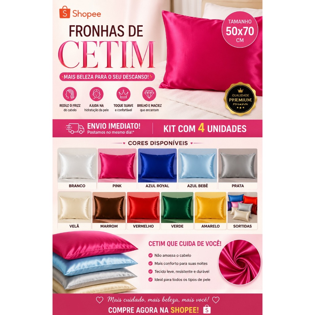 4 Fronhas de Cetim 50x70 – Conforto Campeão!