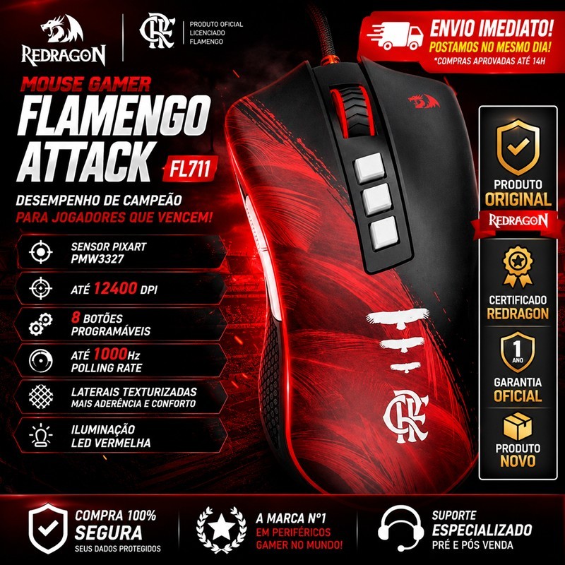 Mouse Gamer Redragon Flamengo Attack Preto e Vermelho LED Vermelho