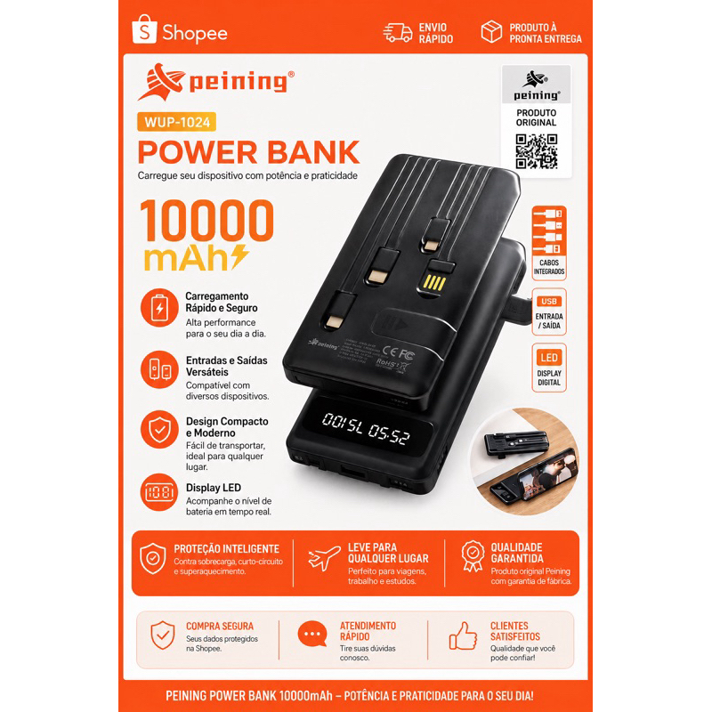 Power Bank 10000mAh Peining Carregador Portátil Turbo iPhone Android