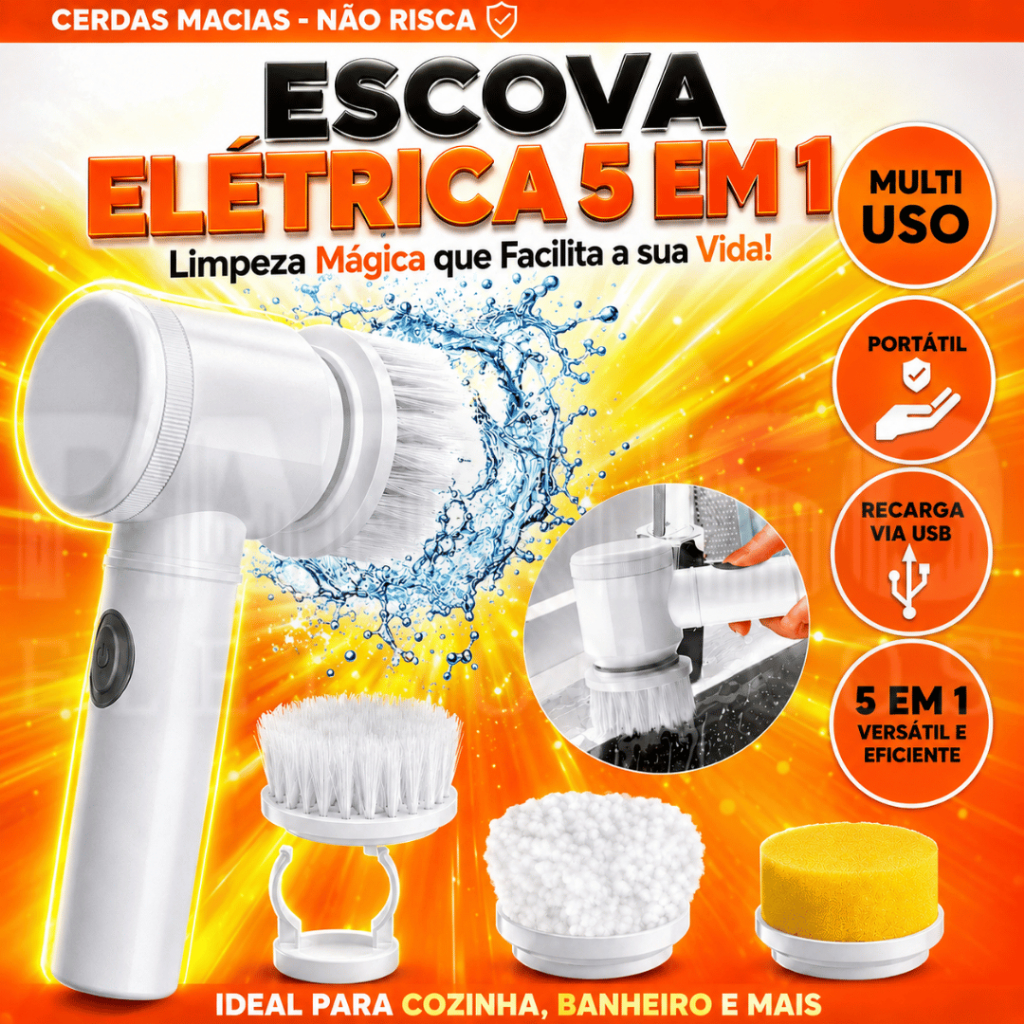 Escova Elétrica de Limpeza 5 em 1 Multiuso Limpeza Mágica sem fio Prático para Cozinha Banheiro