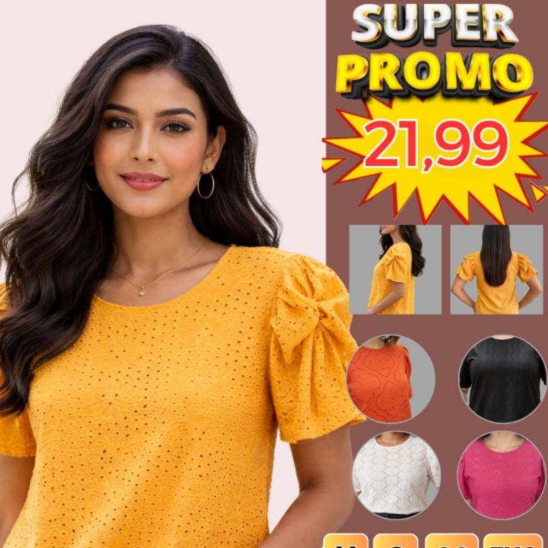 Promoção Blusa  Estilosa Tendência Leese Manga Bufante Detalhes em Relevo, Fresca, Confortável, Versátil.