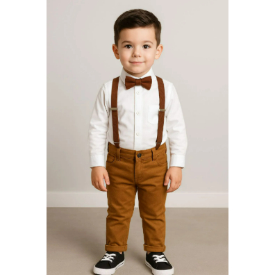 Calça Caramelo com Camisa Longa Branca e Kit Gravata e Suspensório Infantil